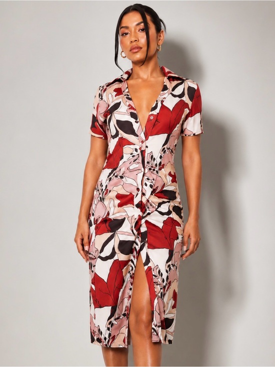 PrettyLittleThing Dresses & Skirts - PrettyLittleThing Abstract Floral Print Ruched Midi Dress Size 8 NWT